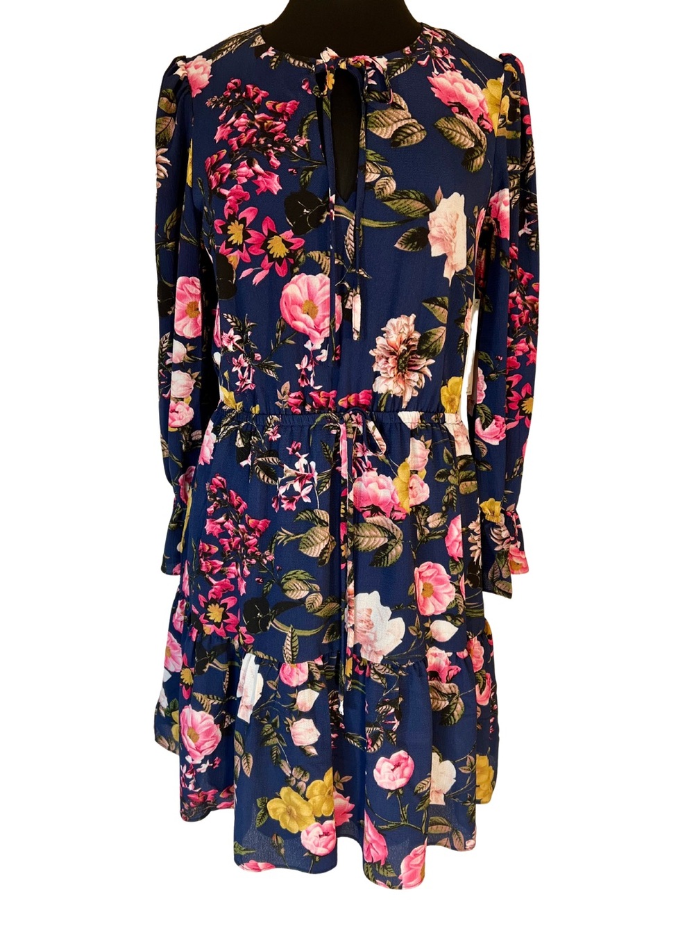 Eliza J Navy Floral Tie-Neck Ruffle Dress